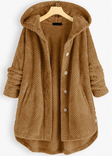 Dark Camel Pocket Long Sleeve Hooded Coat