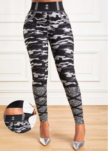 Grey Camouflage Print High Waisted Ankle Length Leggings