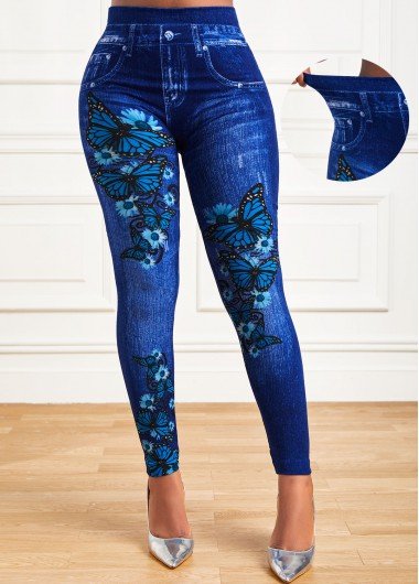 Blue Elastic Detail Butterfly Print High Waisted Leggings