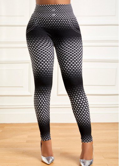 Black Geometric Print High Waisted Ankle Length Leggings