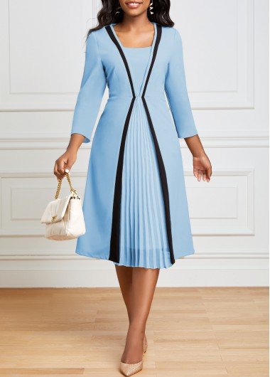 Light Blue Pleated Square Neck Dress