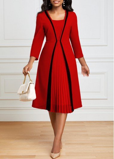 Red Pleated Hem Square Neck Dress