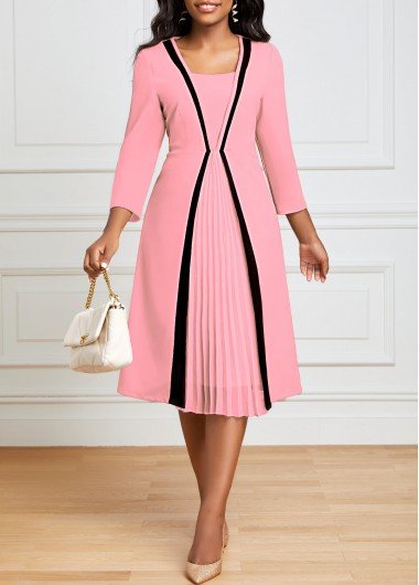 Pink Pleated Hem Square Neck Dress