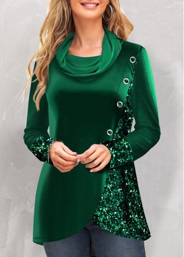 Blackish Green Sequin Long Sleeve Cowl Neck Sweatshirt