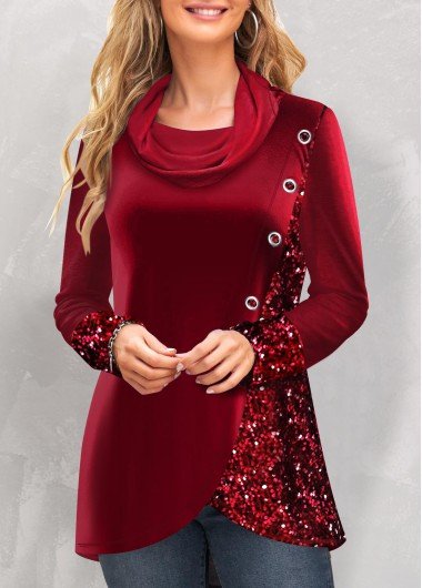 Wine Red Eyelet Long Sleeve Cowl Neck Sweatshirt