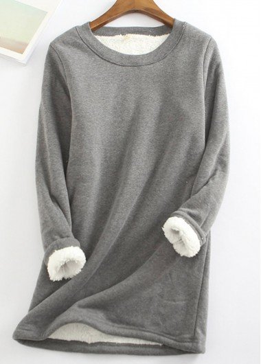 Grey Plush Long Sleeve Round Neck T Shirt