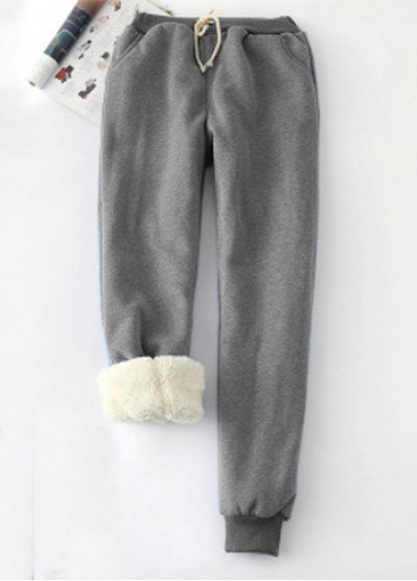 Grey Plush Jogger Drawastring High Waisted Pants