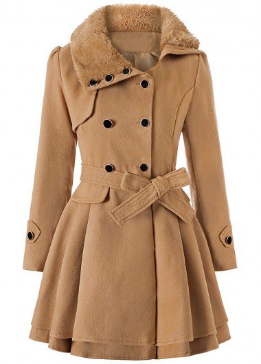 Light Camel Fur Collar Belted Long Sleeve Coat