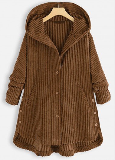 Coffee Camel Pocket Long Sleeve Hooded Coat