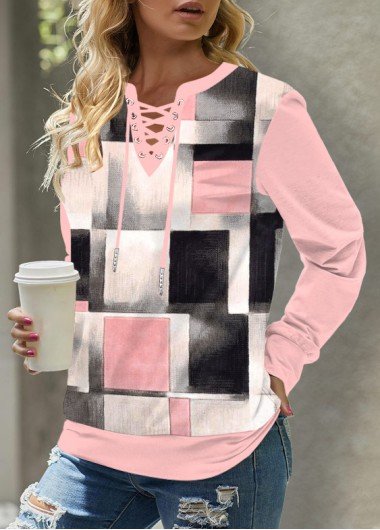 Pink Lace Up Plaid Long Sleeve Sweatshirt