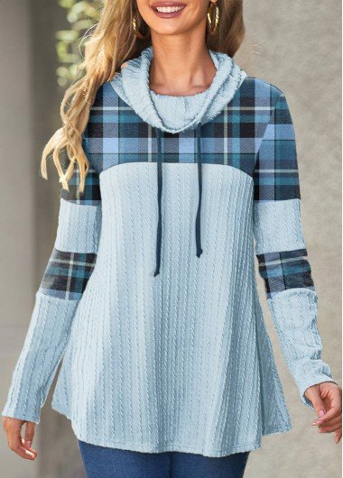 Light Blue Patchwork Plaid Long Sleeve Sweatshirt