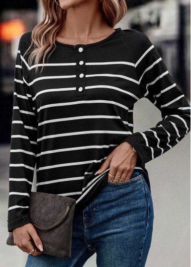 Black Button Striped Long Sleeve T Shirt