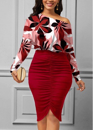 Red Shirred Floral Print Long Sleeve Bodycon Dress