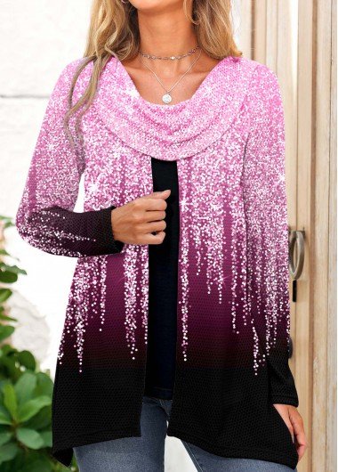 Pink Shinning Print Draped Neck Sweatshirt