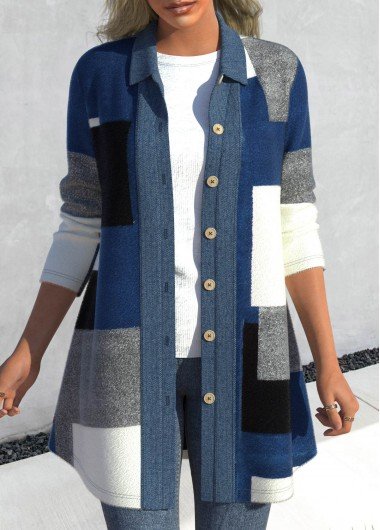 Denim Blue Patchwork Geometric Print Long Sleeve Coat