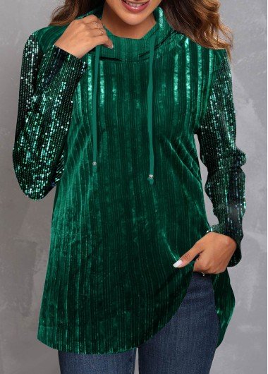 Green Drawstring Sequin Velvet Stitching Sweatshirt