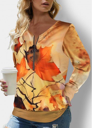 Ginger Zipper Leaf Print Long Sleeve Sweatshirt