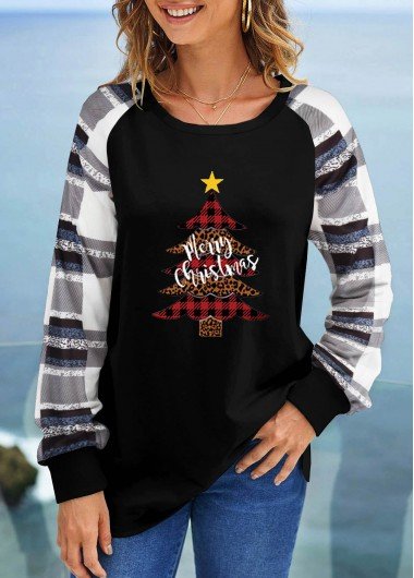 Black Patchwork Christmas Tree Print T Shirt