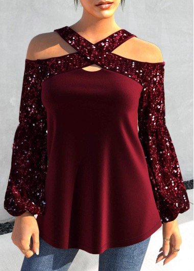 Wine Red Sequin Long Sleeve T Shirt