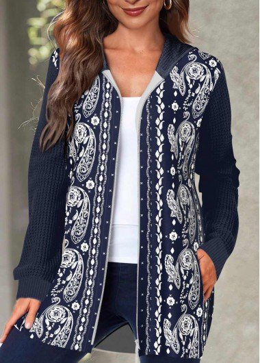 Navy Pocket Paisley Print Long Sleeve Hooded Coat