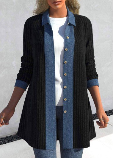 Black Patchwork Long Sleeve Shirt Collar Coat