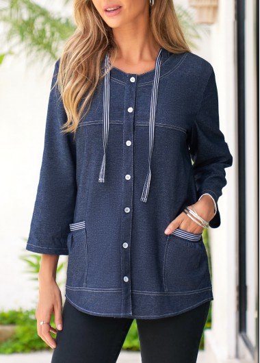 Navy Pocket Three Quarter Length Sleeve Hooded Coat