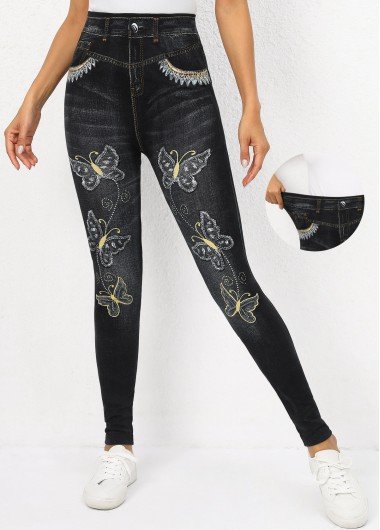 Black Butterfly Print High Waisted Ankle Length Leggings