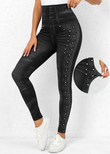 Beaded Black High Waisted Ankle Length Leggings