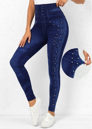 Denim Blue High Waisted Beaded Leggings