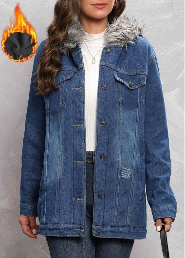 Denim Blue Fur Collar Long Sleeve Hooded Coat