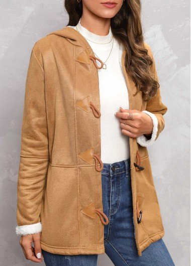 Dark Camel Plush Long Sleeve Hooded Coat