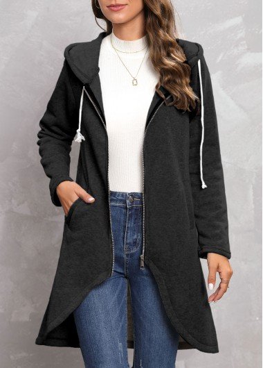 Black Zipper Long Sleeve Hooded Coat