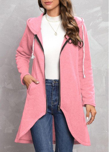 Pink Zipper Long Sleeve Hooded Coat