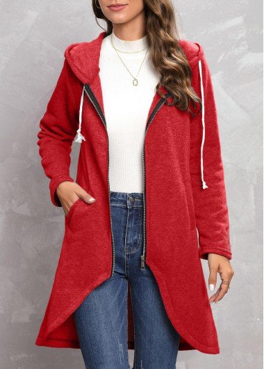 Red Zipper Long Sleeve Hooded Coat