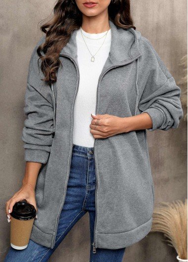 Grey Zipper Long Sleeve Hooded Coat