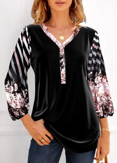 Black Velvet Floral Print V Neck Blouse