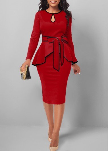 Red Contrast Binding Belted Long Sleeve Bodycon Dress