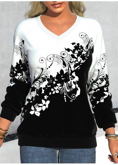 Black Floral Print Long Sleeve V Neck Sweatshirt