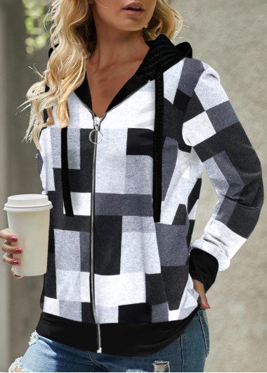 Black Zipper Geometric Print Long Sleeve Hoodie