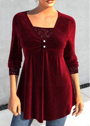 Wine Red Sequin Long Sleeve T Shirt