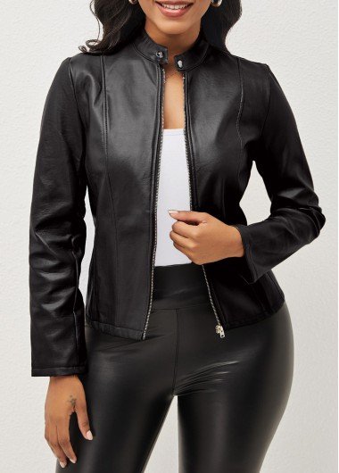 Black Zipper Long Sleeve Stand Collar Jacket