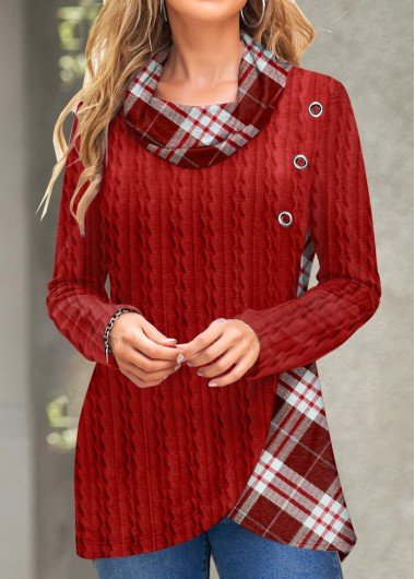 Red Twisted Plaid Long Sleeve Cowl Neck Sweatshirt