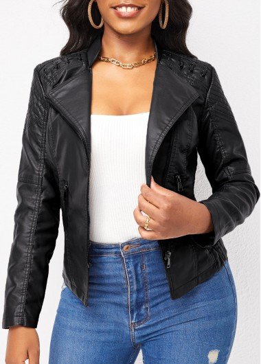 Black Zipper Long Sleeve Lapel Jacket