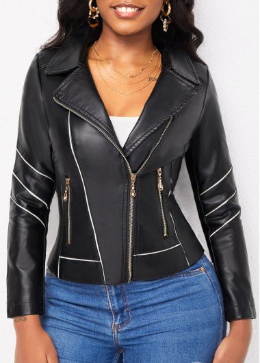 Black Zipper Long Sleeve Lapel Jacket