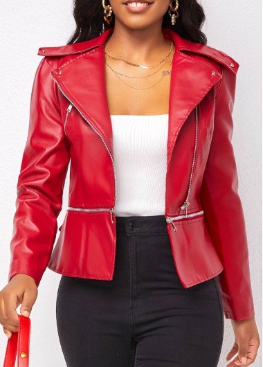 Wine Red Zipper Long Sleeve Lapel Jacket