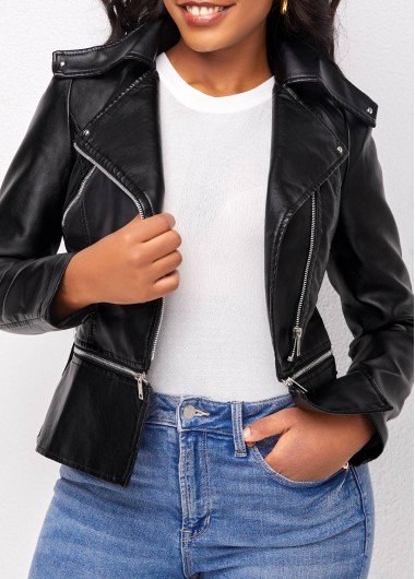 Black Zipper Long Sleeve Lapel Jacket