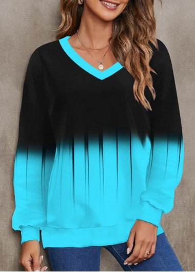 Cyan Ombre Long Sleeve V Neck Sweatshirt