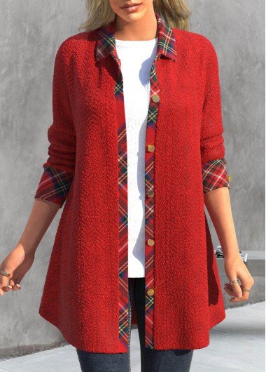 Red Button Plaid Long Sleeve Shirt Collar Coat