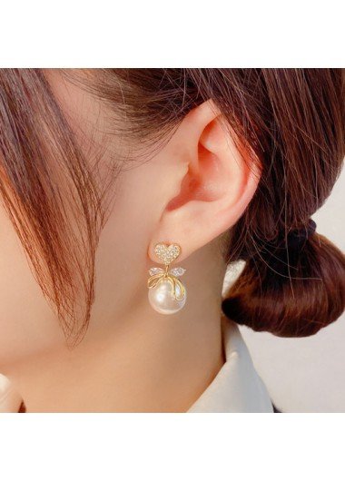 Gold Heart Pearl Design Rhinestone Earrings