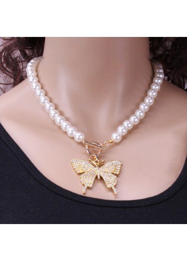 Gold Butterfly Detail Pearl Design Necklace